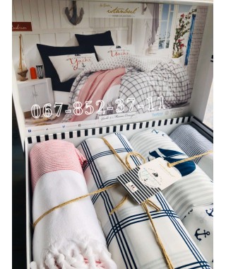 Комплект постельного белья Istanbul Yacht&Marine евро в наборе с двумя полотенцами пештемаль Bodrum