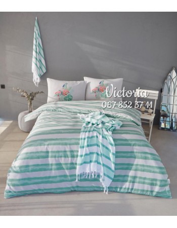 Комплект постельного белья Istanbul Yacht&Marine евро в наборе с двумя полотенцами пештемаль Tropicana Mint