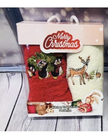 Подарочный набор из двух кухонных полотенец Merry Christmas Red Penguin/White Deer
