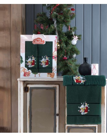 Подарочный набор из двух полотенец Лицевое + Банное Merry Christmas Green Teddy Bear