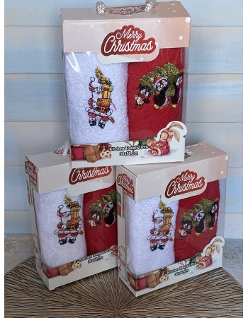 Подарочный набор из двух кухонных полотенец Merry Christmas White Santa Gifts/Red Penguins