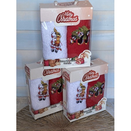 Подарочный набор из двух кухонных полотенец Merry Christmas White Santa Gifts/Red Penguins